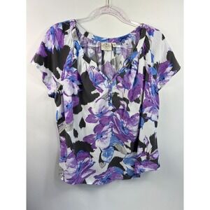 St. John's Bay Blouse‎ Women's Sz L White Floral Raglan Short Sleeves 1/4 Button